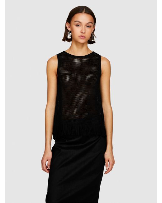 Sisley Black Perforated Tank Top With Fringe