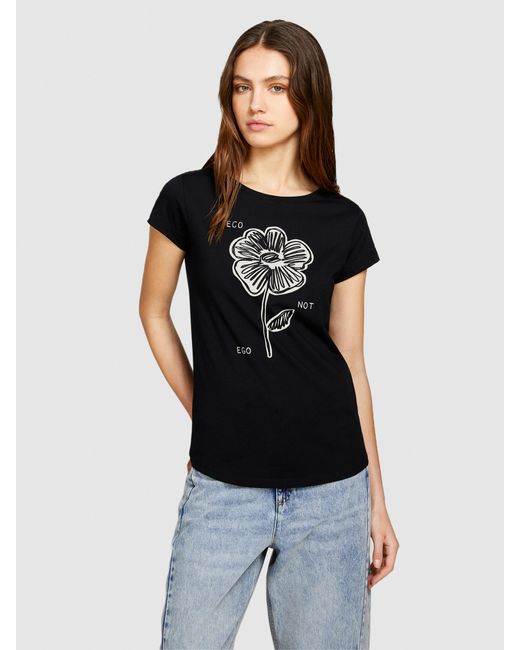T-shirt Slim Fit Con Stampa di Sisley in Black