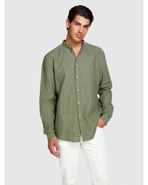 Sisley Green Mandarin Collar Shirt In Linen Blend for men