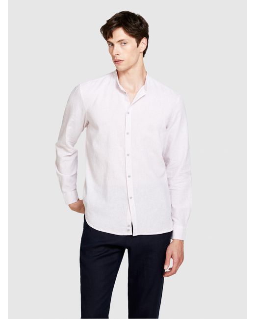 Sisley White Mandarin Collar Shirt In Linen Blend for men