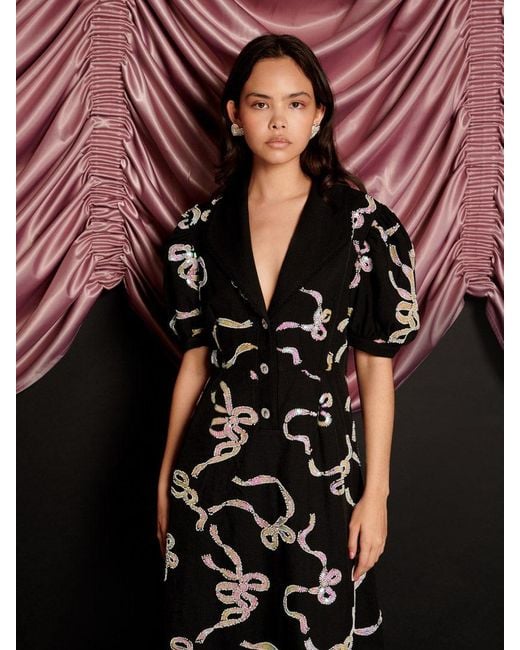 Sister Jane Black Ripple Bow Embellished Midi Dress
