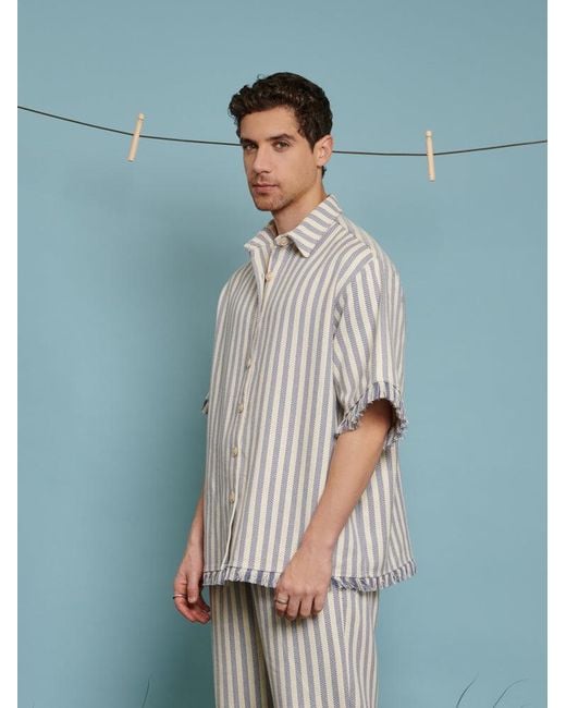 Sister Jane Blue Cameron Fray Stripe Boxy Shirt