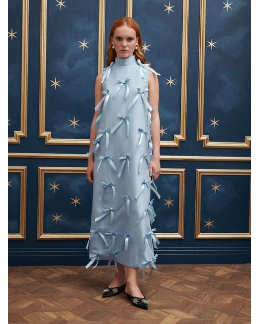 blue sister jane dress Sister Jane Jacquard Puff Sleeve Midi Dress
