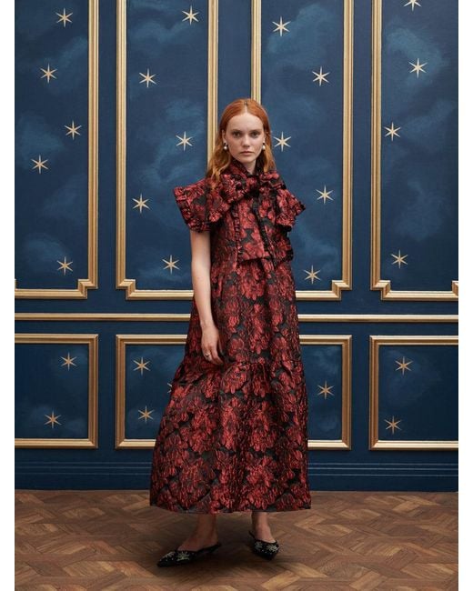 【英国発Sister Jane】Fantasy floral-jacquard satin dress Sister Jane Fantasy Floral-Jacquard Satin Midi Dress in Red