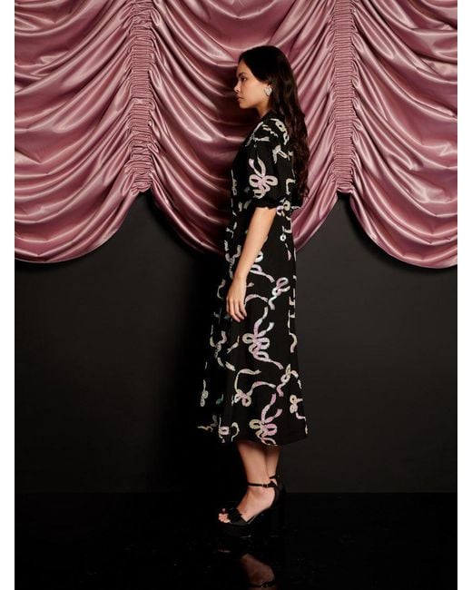 Sister Jane Black Ripple Bow Embellished Midi Dress
