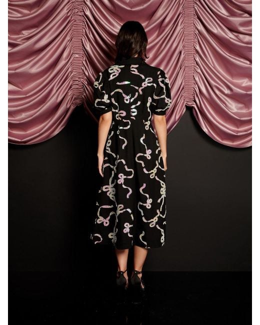 Sister Jane Black Ripple Bow Embellished Midi Dress