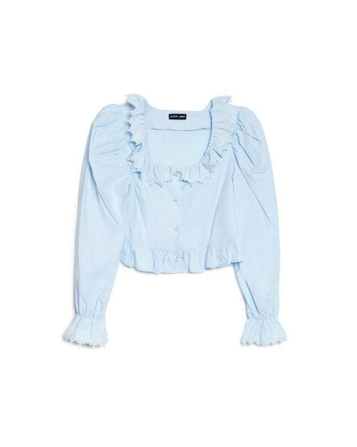 Sister Jane Blue Veil Ruffle Top