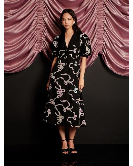 Sister Jane Black Ripple Bow Embellished Midi Dress