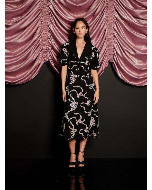 Sister Jane Black Ripple Bow Embellished Midi Dress