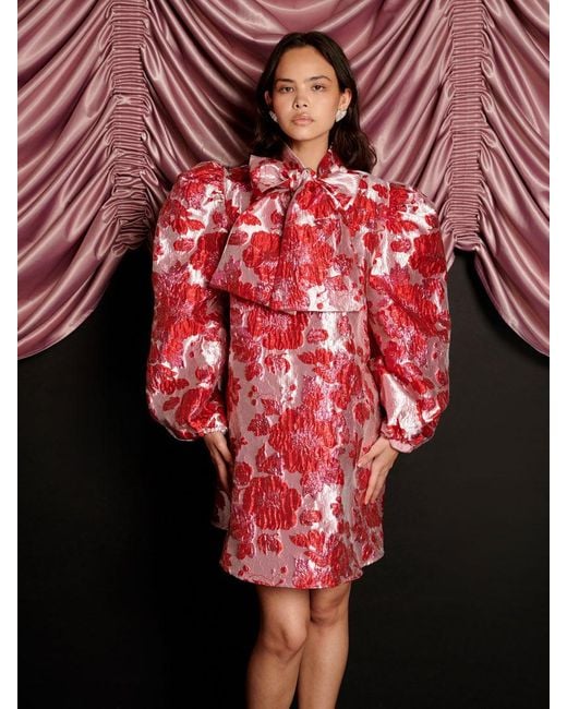 knee length dresses for ladies Women's Say It with Roses Champagne Multi Floral Jacquard Mini Dress | Size: L main image 1