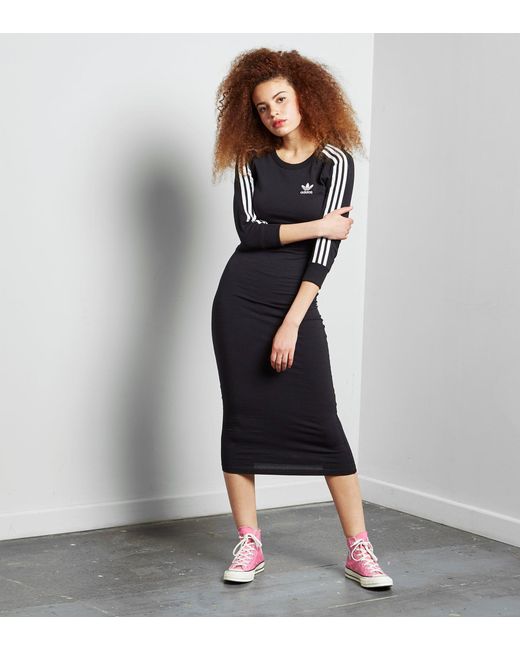adidas Originals Originals 3 Stripe Midi Dress in Black | Lyst