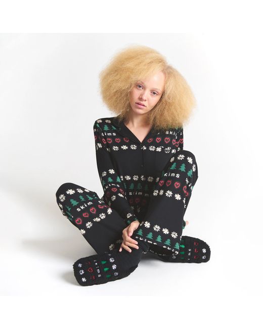 Skims Black Pajama Long Sleeve Button Up Set Onyx Pine Fair Isle