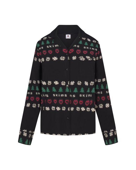 Skims Black Pajama Long Sleeve Button Up Set Onyx Pine Fair Isle