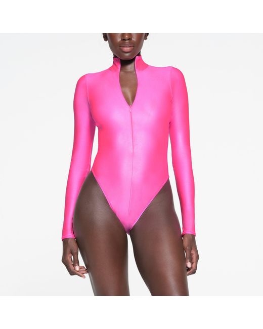 Skims Pink Zip Front Long Sleeve One Piece