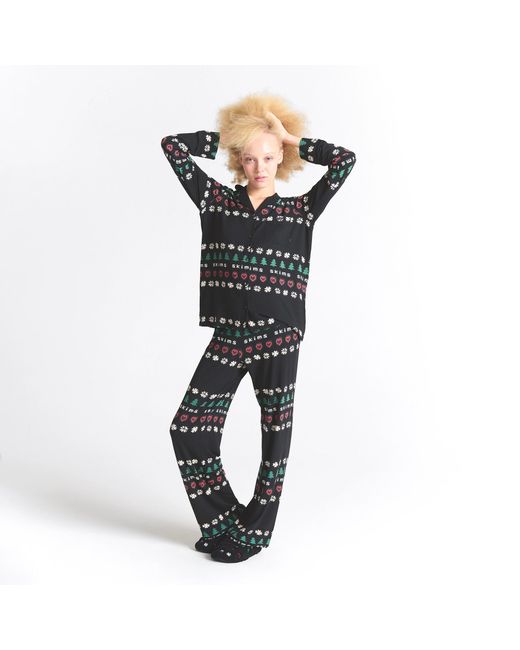 Skims Black Pajama Long Sleeve Button Up Set Onyx Pine Fair Isle