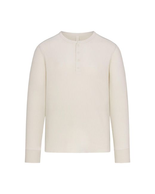 Skims White Textured Waffle Henley Long Sleeve Shirt for men