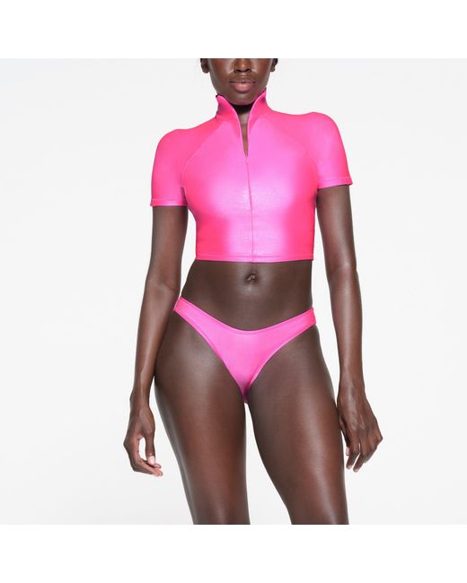 Skims Pink Super Cropped Zip Front T-shirt