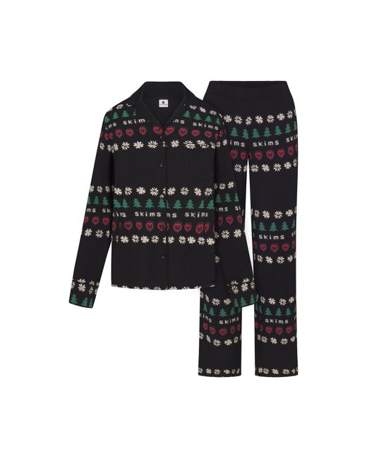 Skims Black Pajama Long Sleeve Button Up Set Onyx Pine Fair Isle