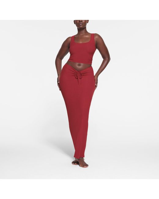 Skims Red Ruched Long Skirt