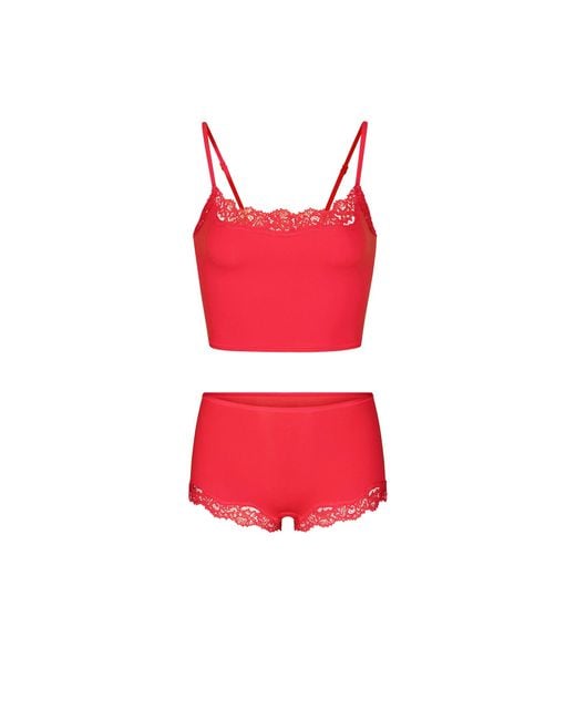 Skims Red Cropped Cami Top And Boy Short Set