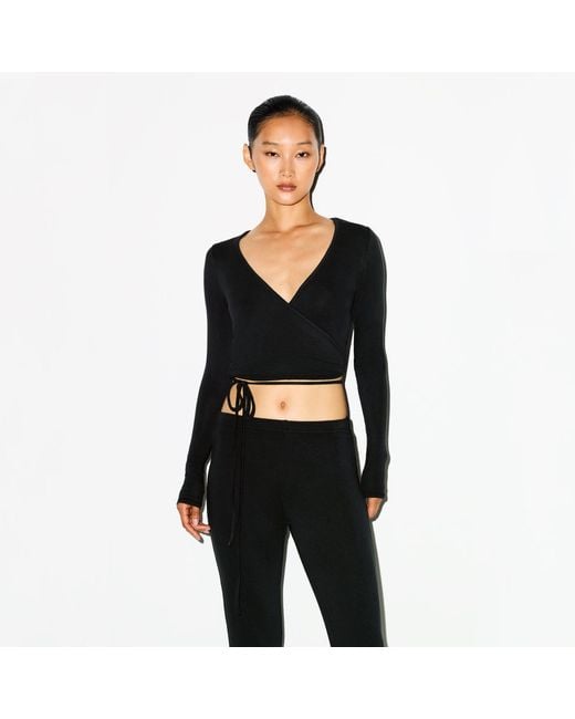 Skims Black Long Sleeve Wrap Top