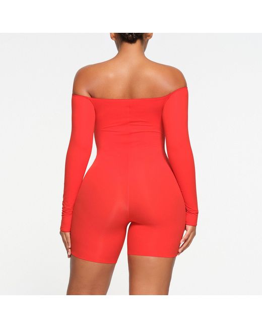 Skims Red Picot Trim Off The Shoulder Onesie (bodysuit)