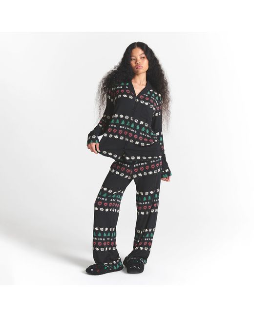 Skims Black Pajama Long Sleeve Button Up Set Onyx Pine Fair Isle