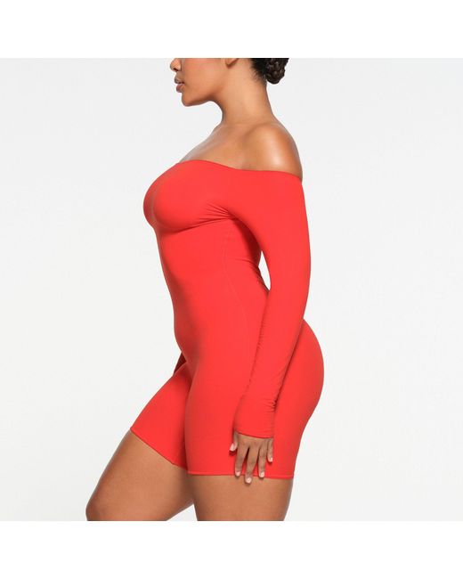 Skims Red Picot Trim Off The Shoulder Onesie (bodysuit)