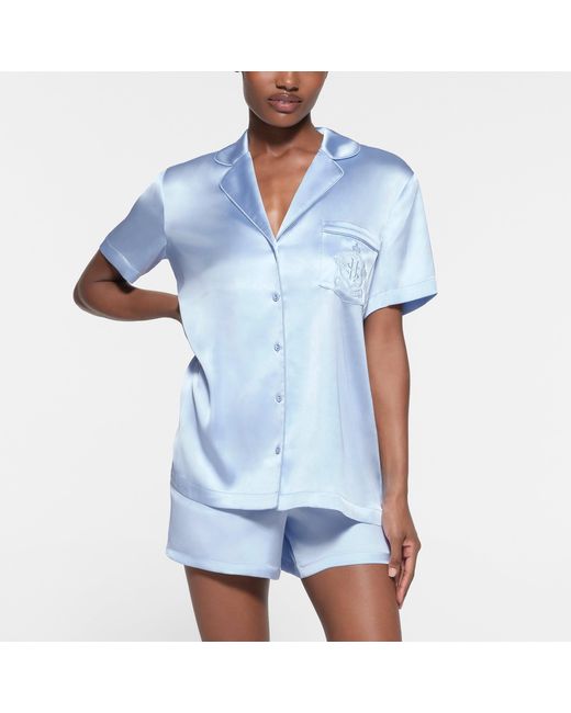 Skims Blue Short Sleeve Button Up Pajama Set