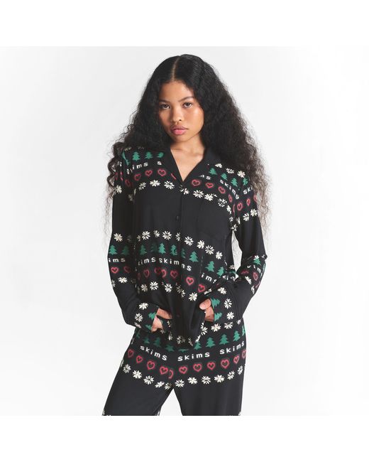 Skims Black Pajama Long Sleeve Button Up Set Onyx Pine Fair Isle