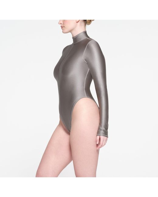 Skims Gray Zip Front Long Sleeve One Piece