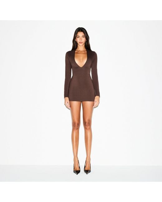 long sleeve deep plunge mini dress Black Le Stretch Lace Plunge Mini Dress