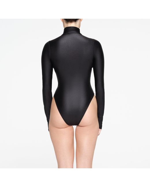 Skims Black Zip Front Long Sleeve One Piece