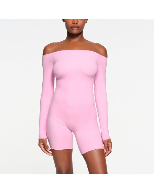 Skims Pink Picot Trim Off The Shoulder Onesie (bodysuit)