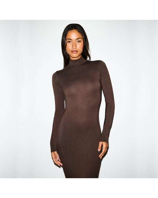 brown turtleneck bodycon dress 1980S AZZEDINE ALAIA Cinnamon Brown Wool Knit Turtleneck Body-Con Dress With Diagonal Seaming
