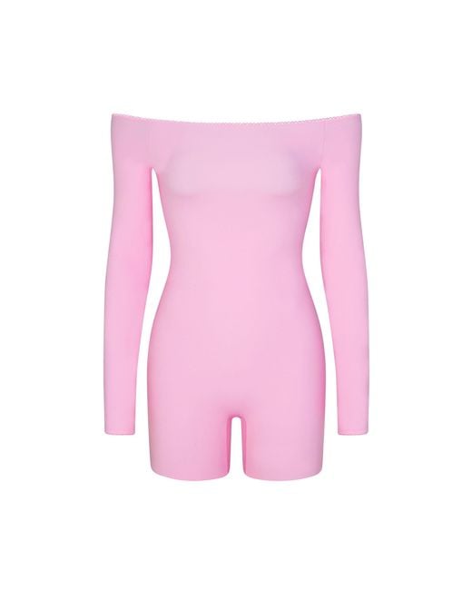 Skims Pink Picot Trim Off The Shoulder Onesie (bodysuit)