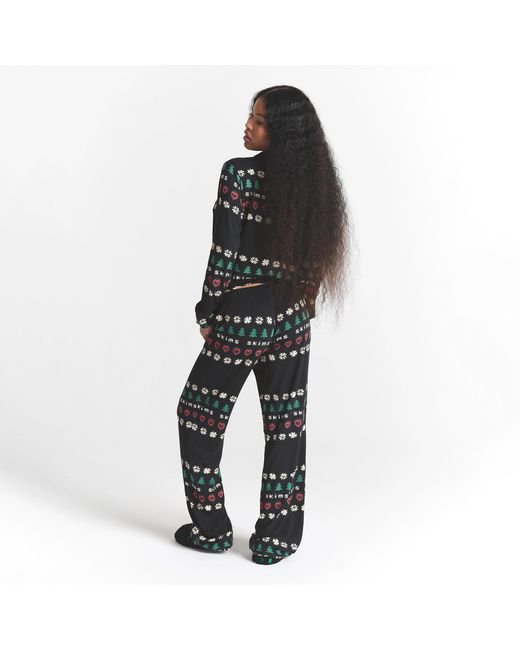 Skims Black Pajama Long Sleeve Button Up Set Onyx Pine Fair Isle