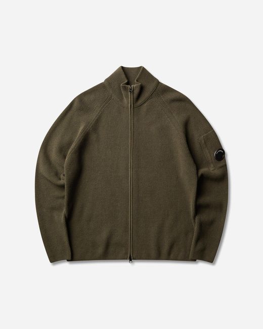 C P Company Green Men S Waffle Knit Cotton Zip Lens Cardigan Ivy for men
