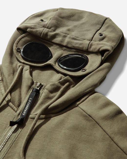 C P Company Green Men S Diagonal Raised Fleece goggle Zipped Hoodie Dried Herb for men