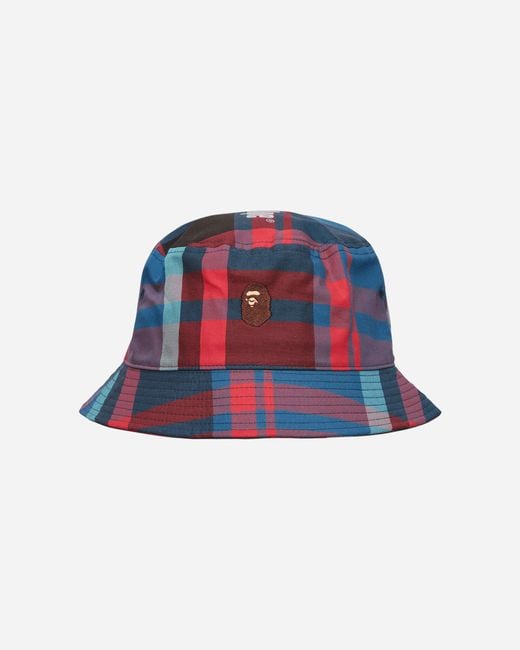 A Bathing Ape White Check Ape Bucket Hat Navy for men