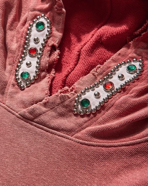 Kapital Red Men S Sweat Knit Thriller Damaged Hoodie (studs) for men