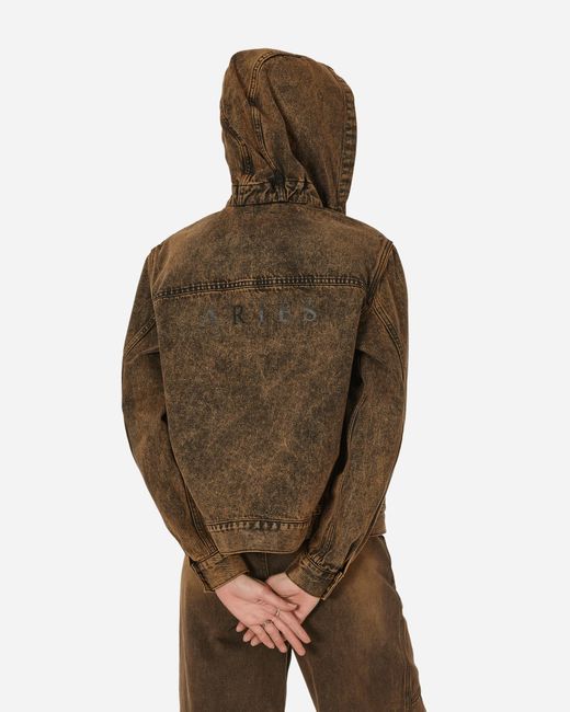 Aries Brown Acid Wash Oversized Hooded Denim Jacket