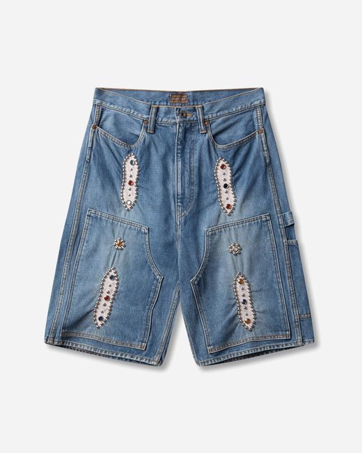 Kapital Blue Men S 14oz Denim Shorts (studs Remake) Washed Indigo for men