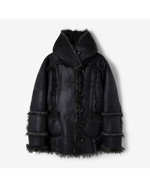 PERVERZE Black Vegan-leather Hoodie Teddy Coat