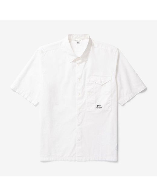 C P Company White Popeline Short Sleeved Shirt for men