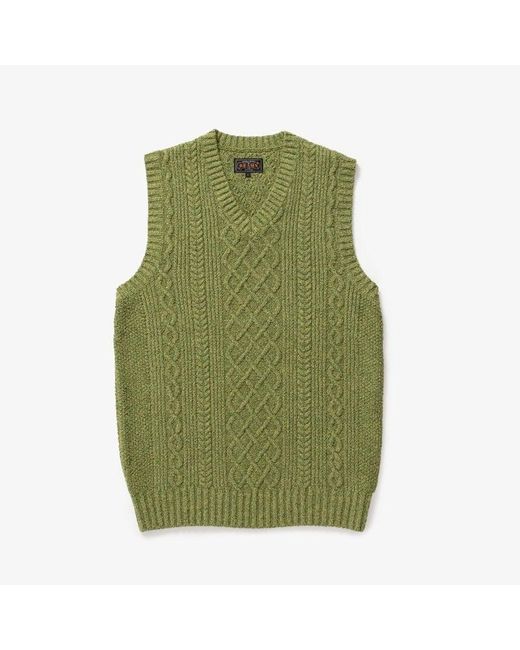 Beams Plus Green Cotton Linen Vest Alan Pattern for men