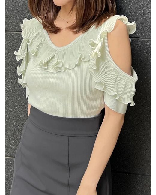 SNIDEL Green Frill Pleated Knit Pullover