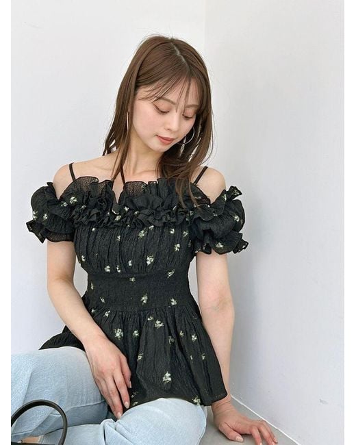 SNIDEL Black Chiffon Off-Shoulder Frill Blouse