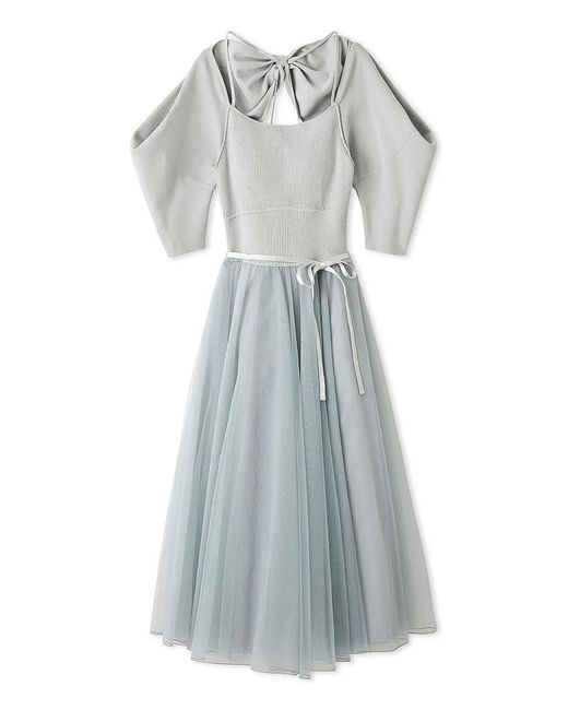 SNIDEL Gray Chacott Knit & Back Bow Puff Sleeve Midi Dress