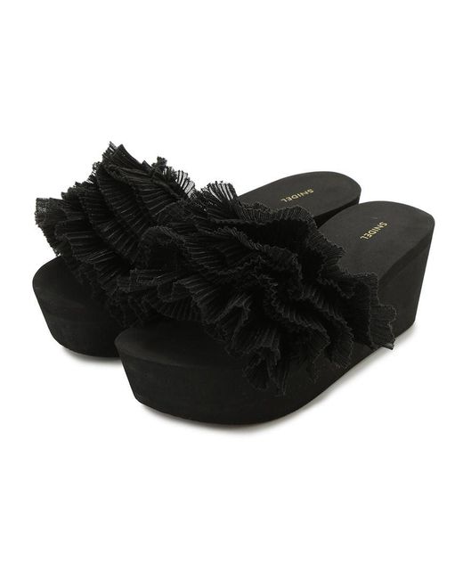 SNIDEL Natural Platform Wedge Sandals With Pleated Ruffle Straps